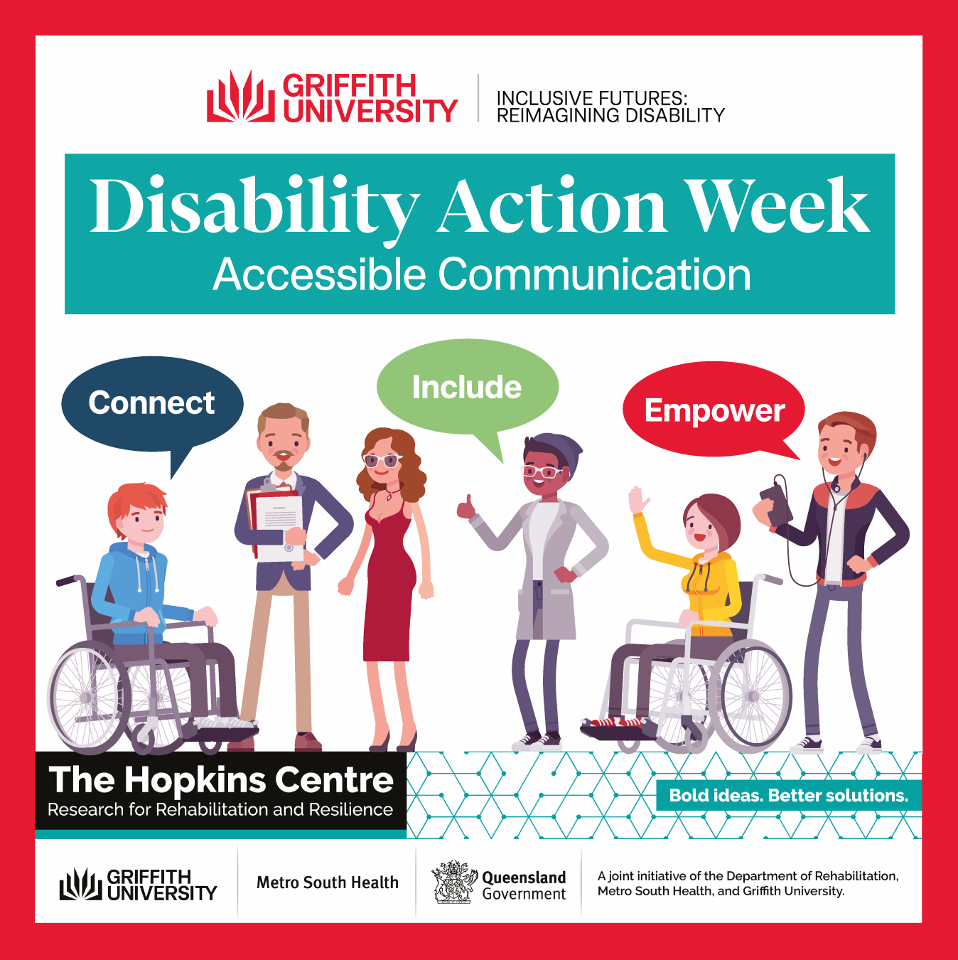 Disability Action Week tile, with The Hopkins Centre and Inclusive Futures: Reimagining Disability logos and vector images of people with disabilities.