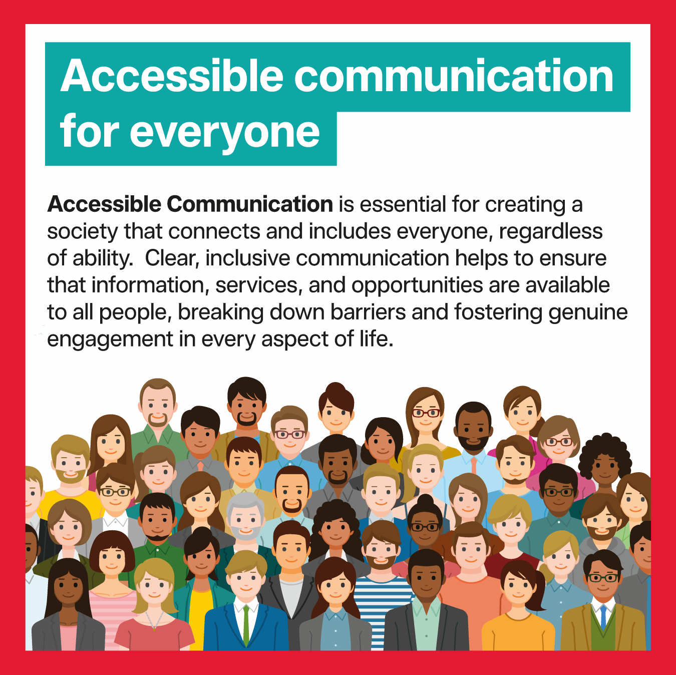 Disability Action Week tile, with The Hopkins Centre and Inclusive Futures: Reimagining Disability logos, information about accessible communication in black text, and a vector image of a group of diverse people.