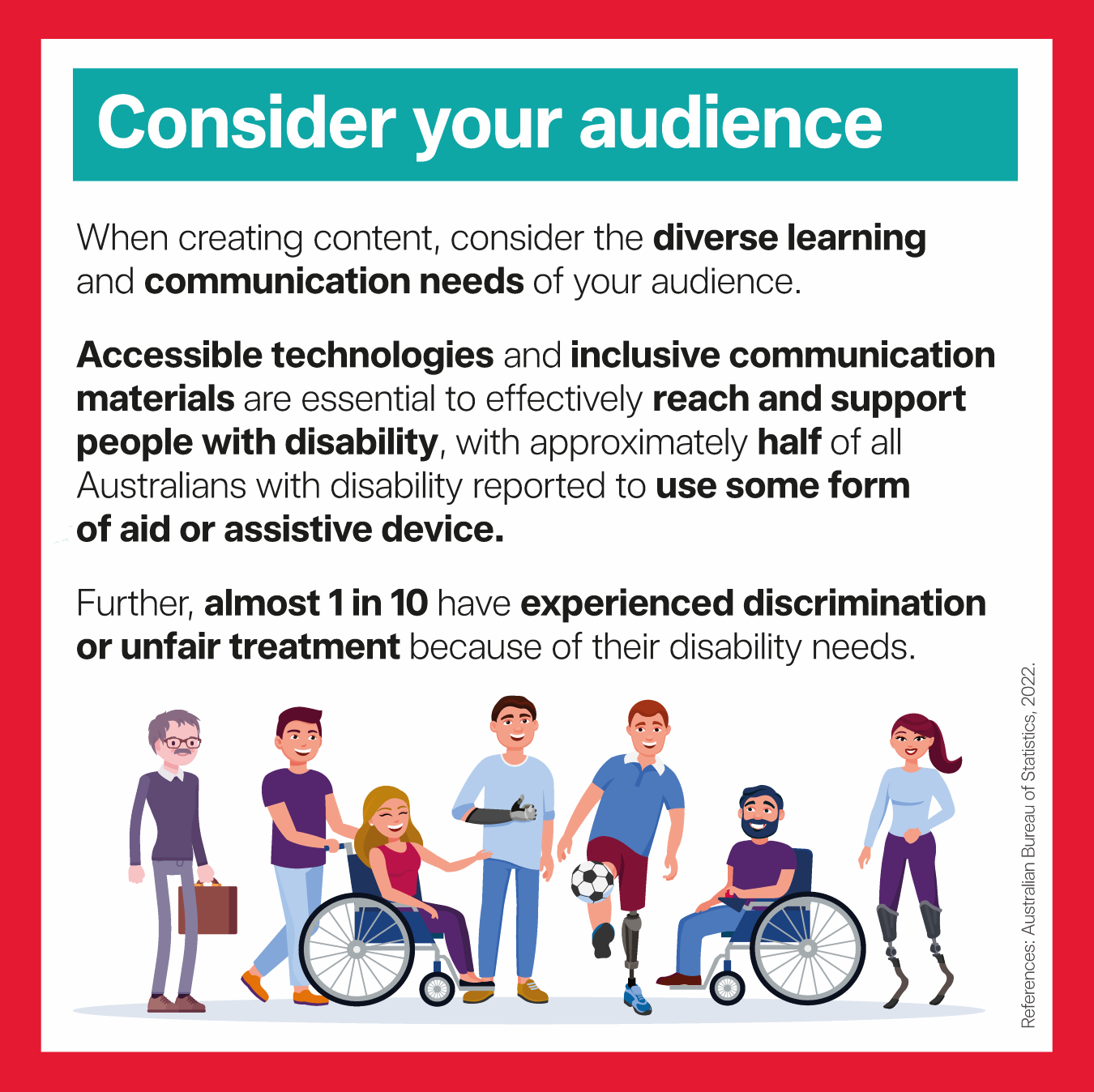 Disability Action Week tile, with a red boarder and turquoise banner - The Hopkins Centre and Inclusive Futures: Reimagining Disability colours, information about considering your audience in black text, and a vector image of a group of diverse people, with visible and invisible disabilities. 