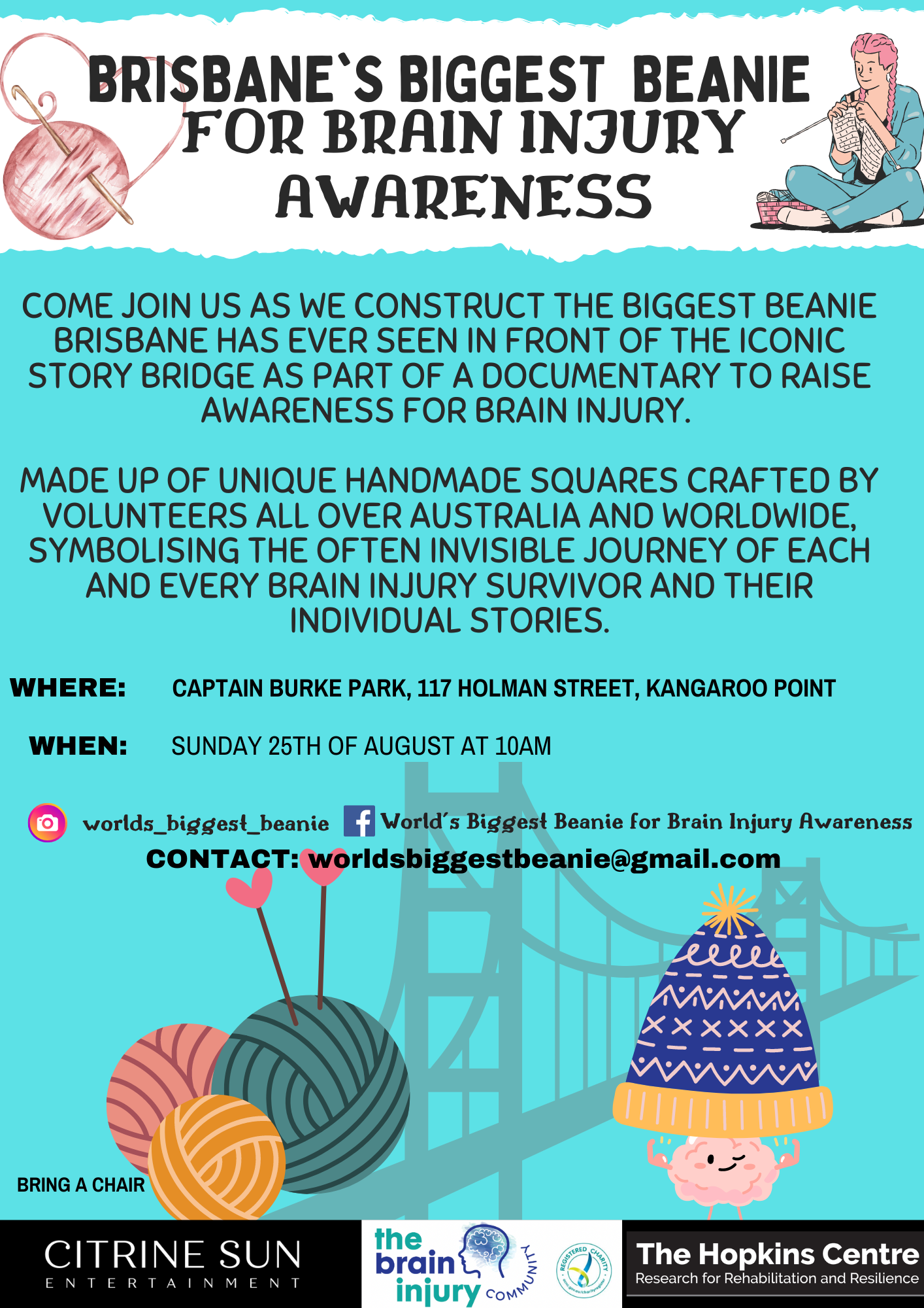 alt: "A flyer with light blue background and a watermarked image of the Storey Bridge in Brisbane, plus knitting-related images and information about the event." 