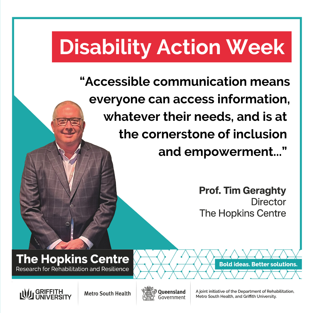 A tile with white background and turquoise boarder with a photo image of prof. Tim Geraghty to the left. To the right is a heading "Disability Action Week" in white text, on a red banner. Below is a quote from Prof. Geraghty. At the bottom is The Hopkins Centre logo and partner organisation logos. 