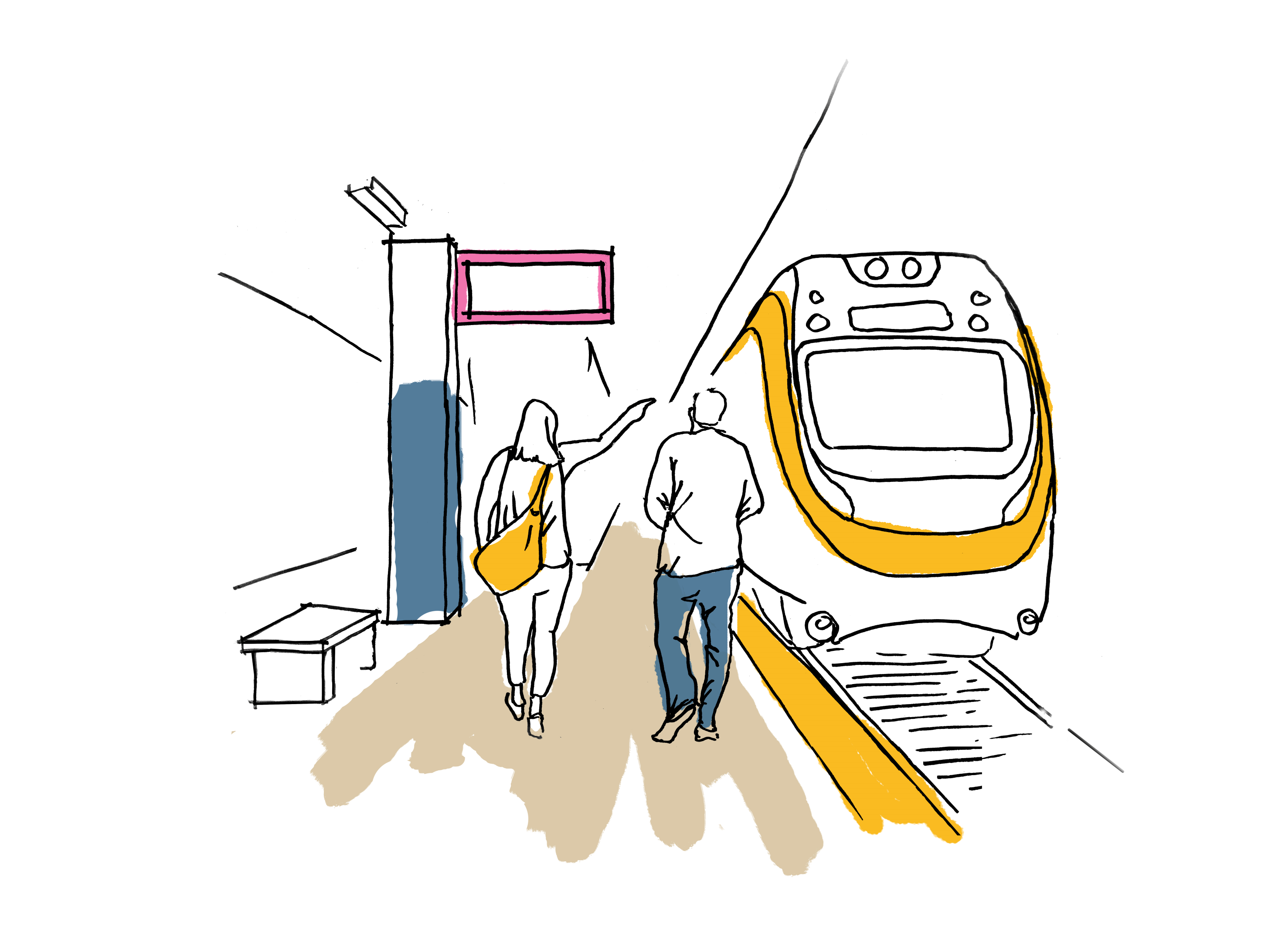 A sketch-style image of two people walking along a train station, with a train waiting at the platform, to their right. " 