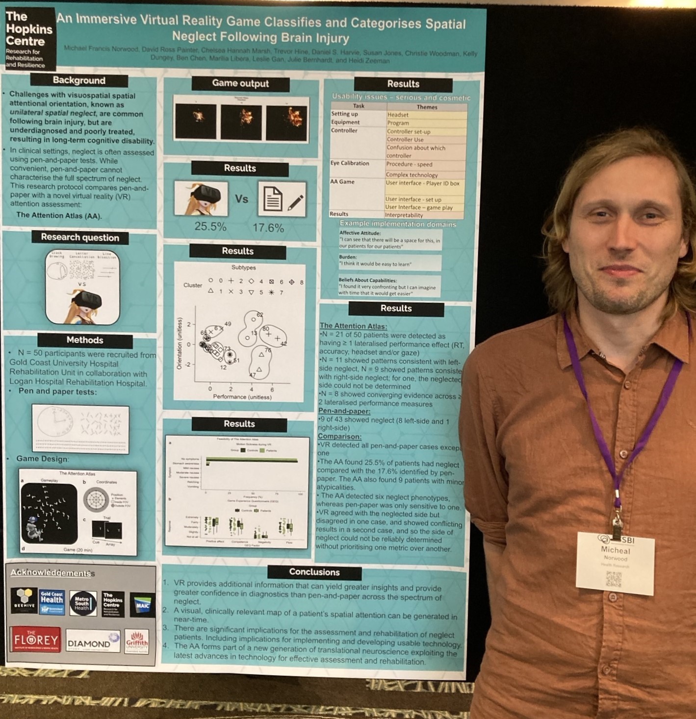 Dr Mike Norwood, wearing a brown collared shirt, standing in front of his poster titled "An Immersive Virtual Reality Game Classifies and Categorises Spatial Neglect Following Brain Injury"
