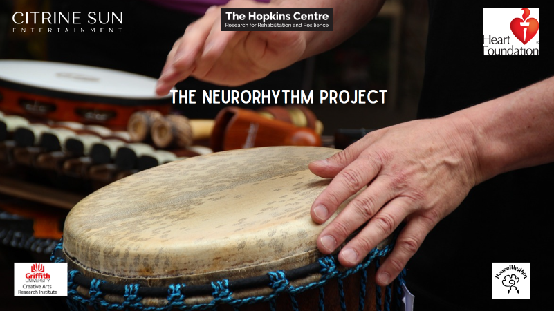 Front cover image of the NeuroRhythm information booklet, with a photo image of a person's hands playing a Djembe drum, along with the logos of The Hopkins Centre, The Heart Foundation, Citrine Sun Entertainment and Griffith University.