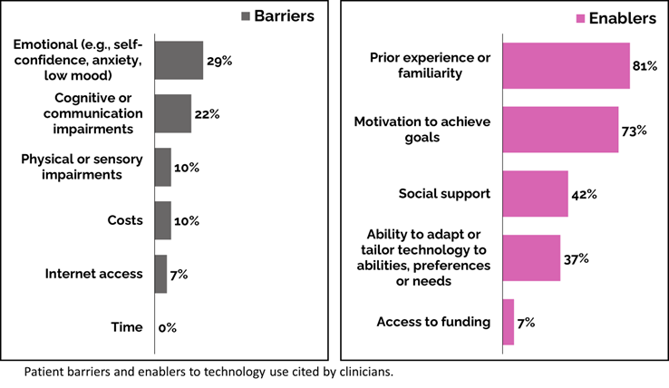 Bar graphs of patient barriers and enablers to technology usage, cited by clinicians.