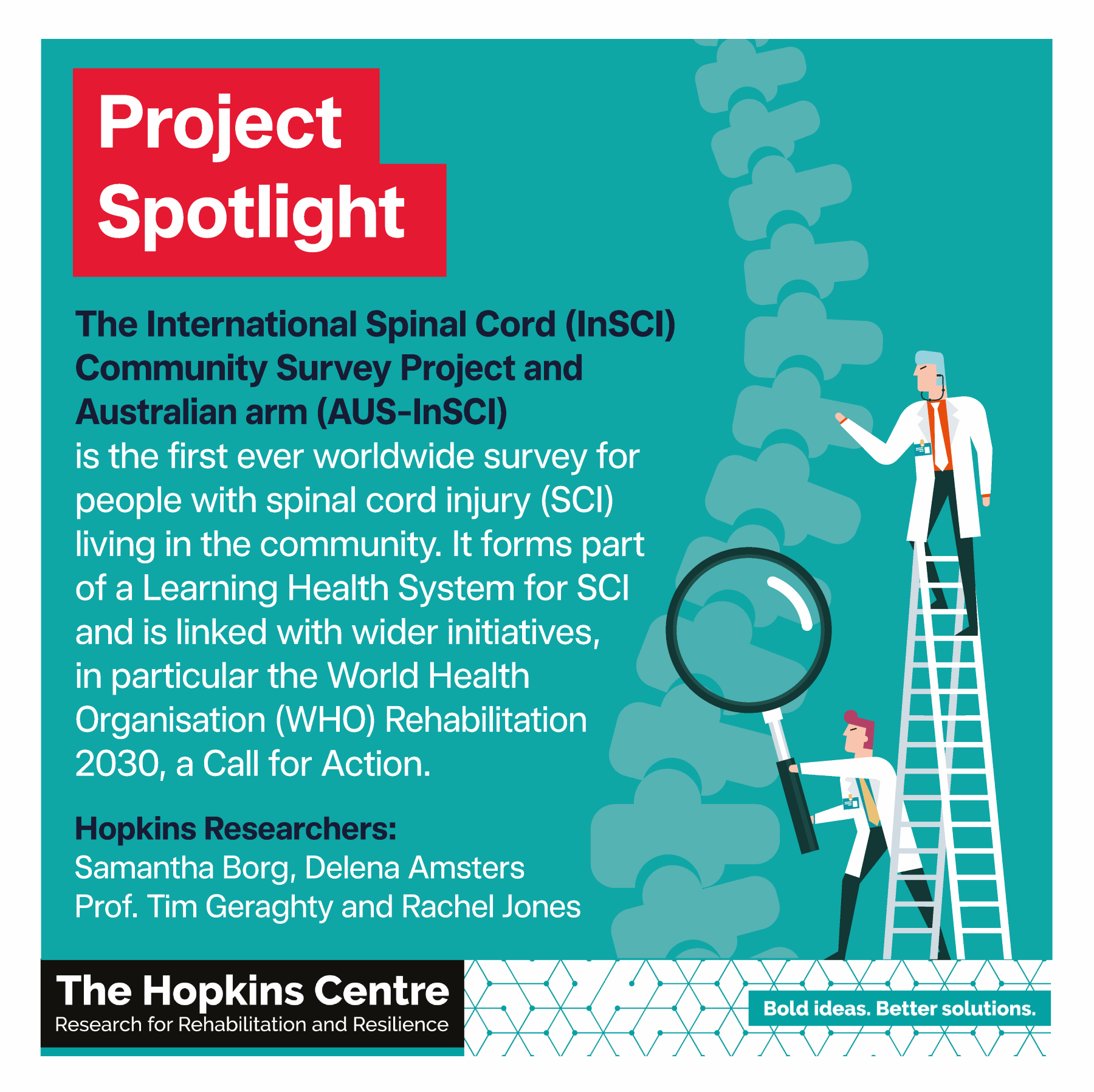 SCIAW tile with turquoise background and white text outlining the InSCI project and a vector image of 2 people in white coats investigating a spinal cord. At the bottom of the page is The Hopkins Centre logo. 