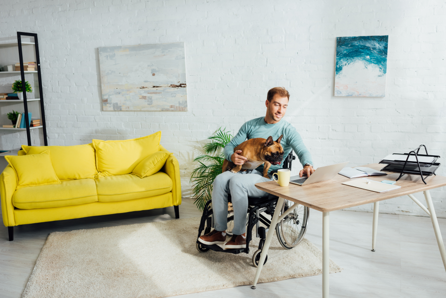 A man sitting in a wheelchair with a dog on his lap in a white room, behind a desk. Behind the man sits a yellow couch, shelving and paintings on the brick wall