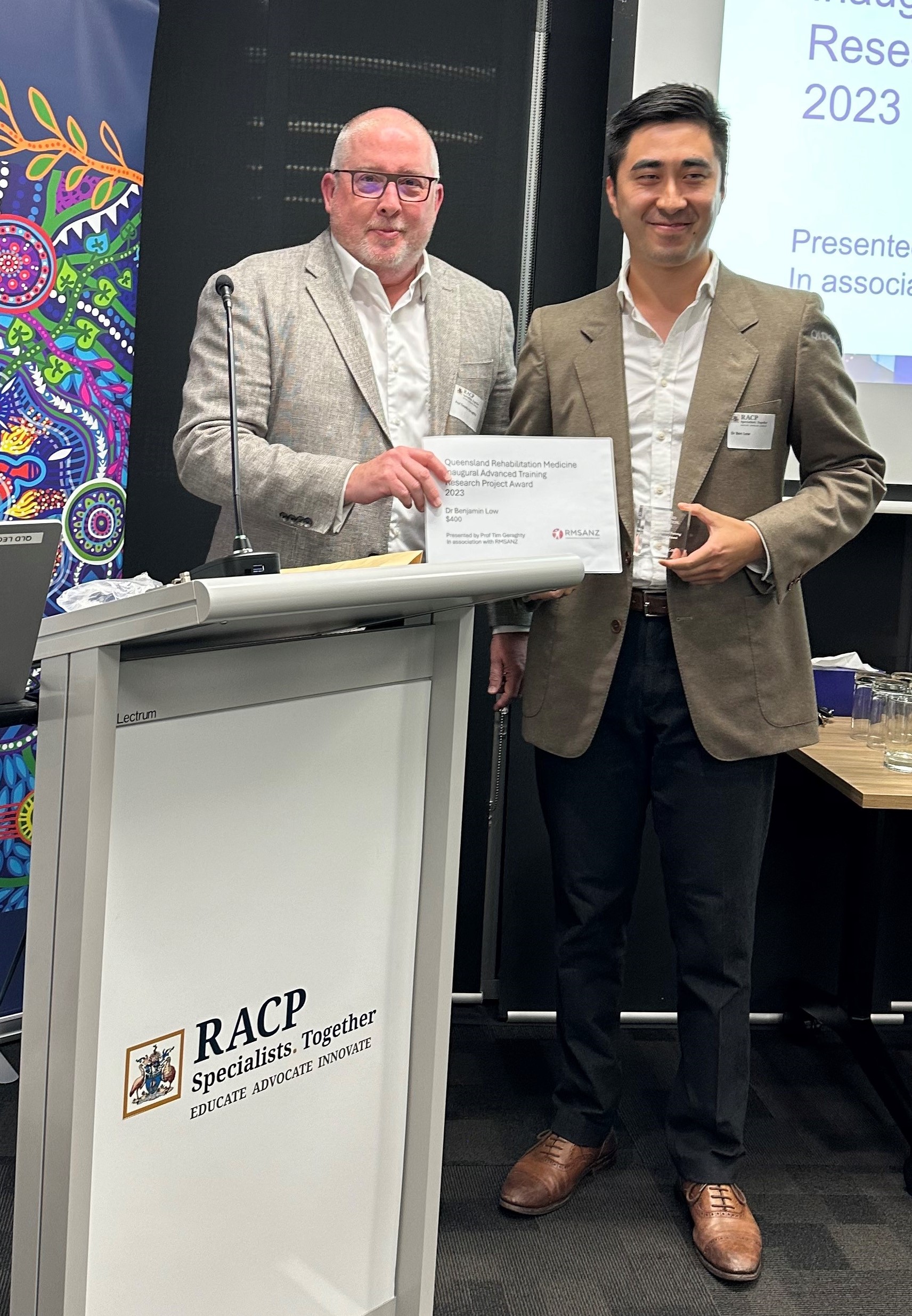 Prof Geraghty presenting AFRM Advanced Trainee, Dr Benjamin Low with the ‘2023 Queensland Rehabilitation Medicine, Inaugural Advanced Training Research Project Award’ for his project entitled: “Junior doctor knowledge and attitudes towards rehabilitation in a regional acute-care setting: a cross-sectional survey”, at the 2024 AFRM Advanced Trainee Welcome Evening on 14th March 2024. 