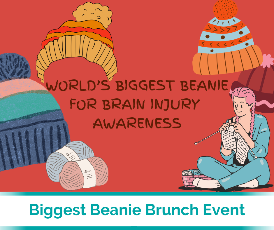 A tile with turquoise text at the bottom reading: Biggest Beanie Brunch Event. Above are vector images of beanies, knitting and a woman sitting knitting a square.