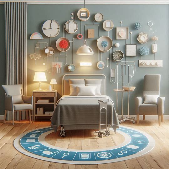 An AI generated, dream-like image of a hospital bed, with added artefacts of a personal nature including picture frames on the blue wall, a round carpet, lamps producing a soft light and books. 