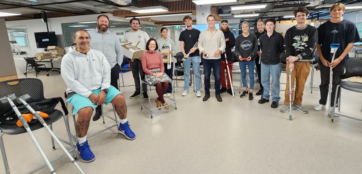 Billy, Vince, Camila and several Future Products Studio design students with their prototypes at their end-of-course presentation session.