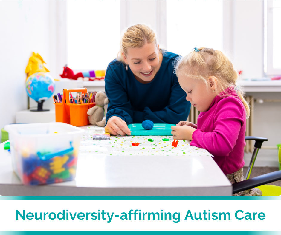 A tile with Image: A child wearing a pink jumper plays with playdough on a table, as a therapist with blonde hair and a blue jumper watches, smiling. Below is the title "Neurodiversity-affirming Autism Care"